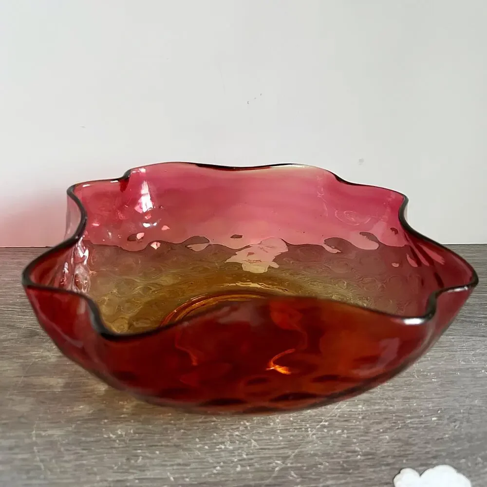 Antique Amberina Rose Amber Thumprint Art Glass Ruffle Edge Serving / Fruit Bowl